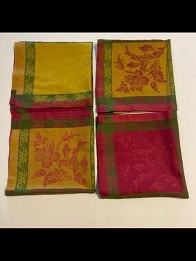Williams-Sonoma Mustard Yellow and Burgundy Floral Napkins Set of 4 Linen Cotton